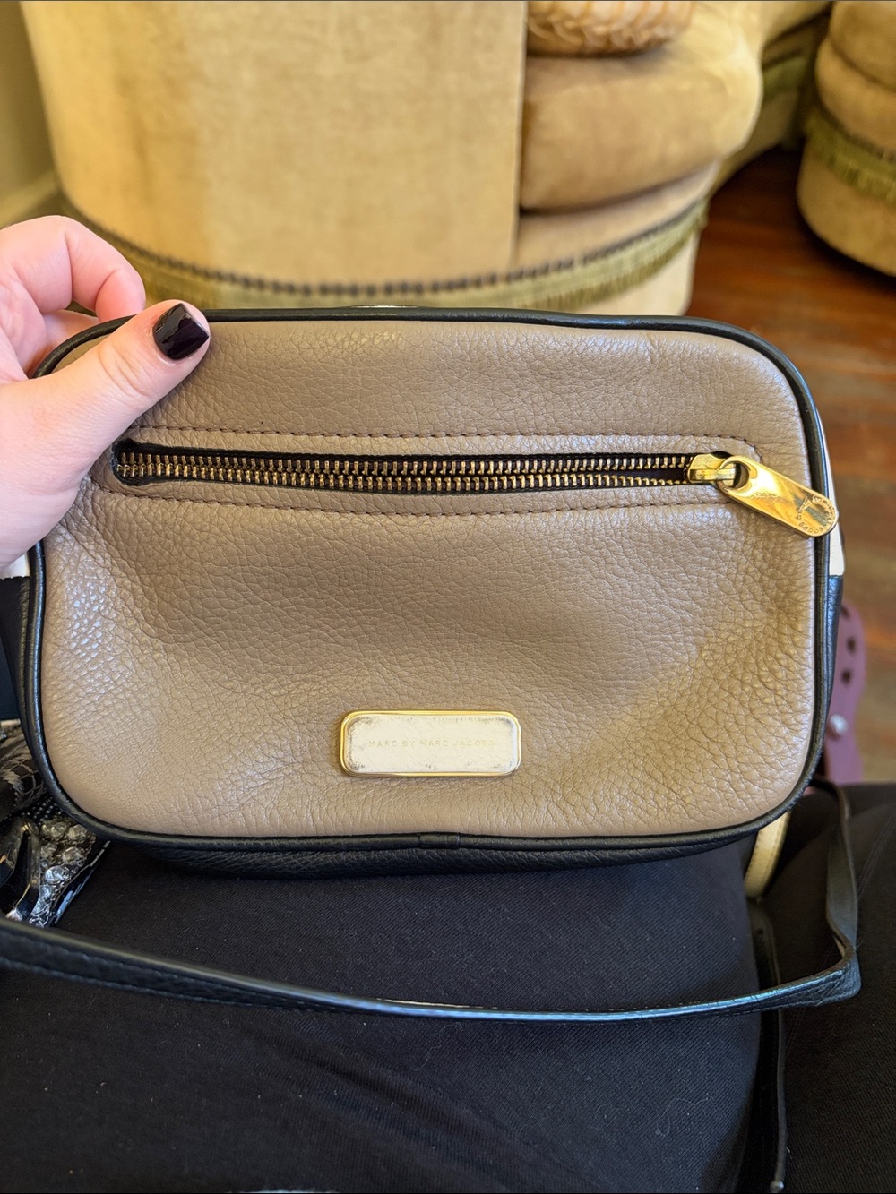 Marc Jacobs Taupe and Black Leather Crossbody with Gold Hardware